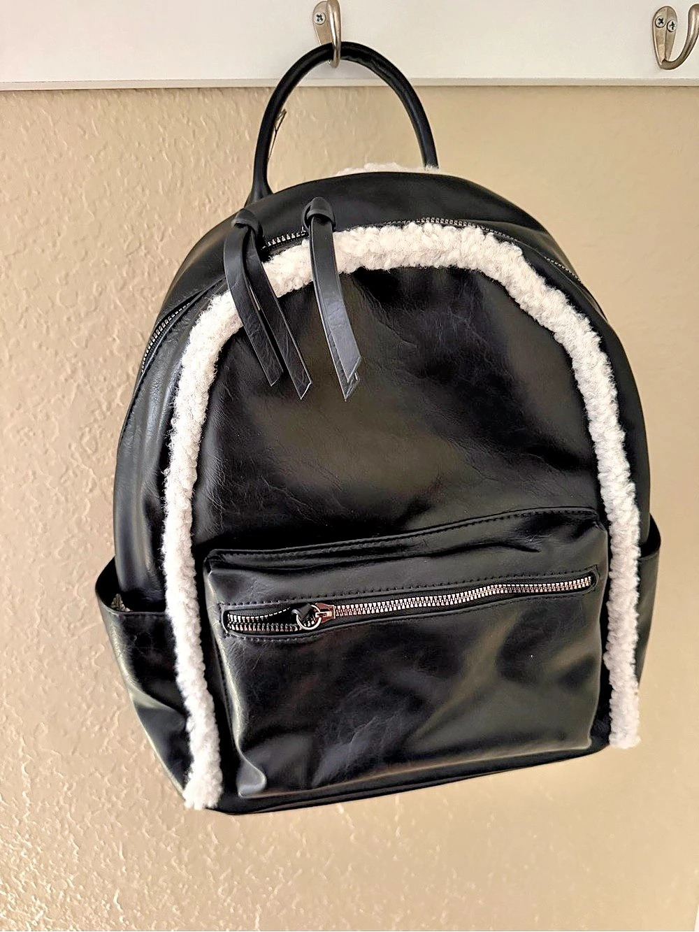Faux-Fur Trim Backpack in Black NWT